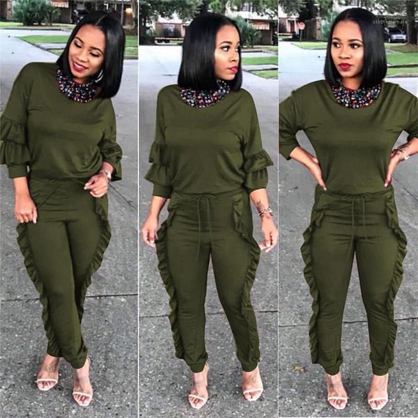 

ladies crew neck pencil pants womens 2 piece outfits spring autumn womens two piece pants solid color, White