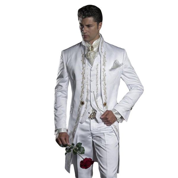 

2020 embroidery groom tuxedos men's suits white groomsman one button formal wedding suit (jacket+pants+vest) three pieces suit, White;black