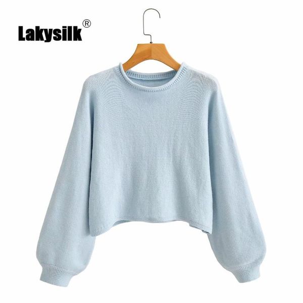 

light blue women sweaters 2020 autumn winter o-neck lantern sleeve pullover ladies knitted solid new short jumpers, White;black