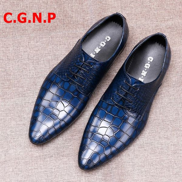 

c.g.n.p formal shoes men leather shoes genuine leather pointed toe blue embossed alligator pattern dress wedding, Black