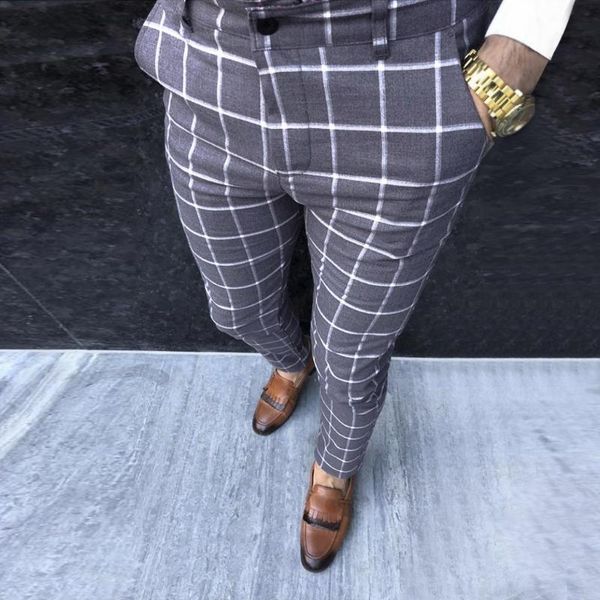 

men's pants fashion men casual business slim fit plaid print zipper long trousers sweatpants streetwear, Black