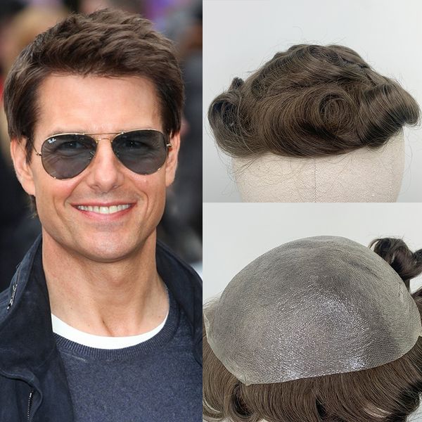 

brown thin pu human hair toupee for men malaysian remy hair replacement system 8x10 curly men's hairpiece men wig, Black