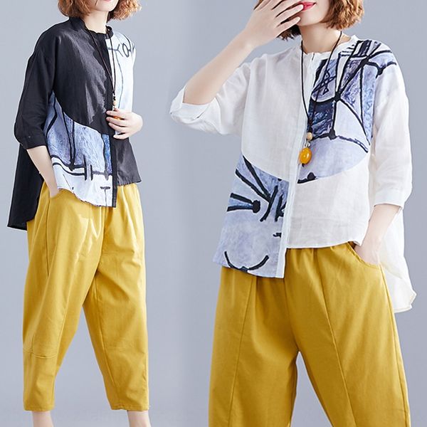 

1100#2019 summer new printed cardigan loose large size women's short cotton and linen shirt sleeve cotton and linen casual shirt, White