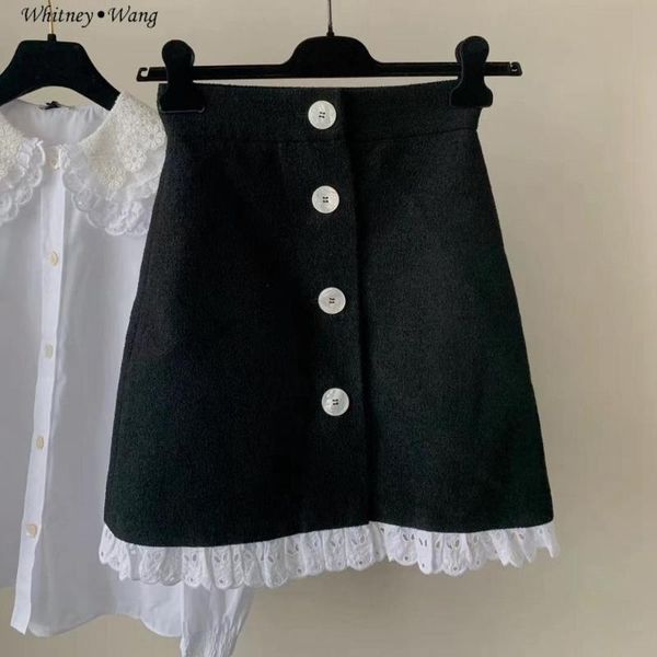 

whitney wang 2020 autumn winter fashion colors contrast lace ruffles edge mini skirt women office lady skirts plus size 4xl, Black