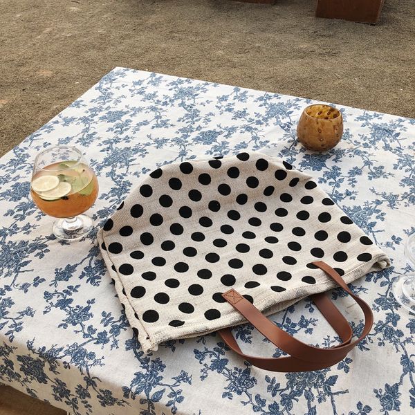 

jute burlap polka dots fashion casual women handbag black white color shopping tote bag