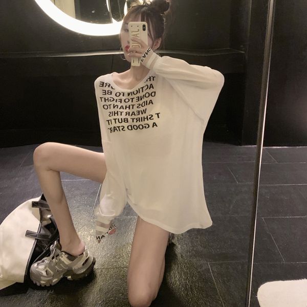 

mjhuk летней одежды 2019 нового свободных пальто футболки топ мода в западном стиле солнцезащитной большой футболка женщин тонкого напечатан, White