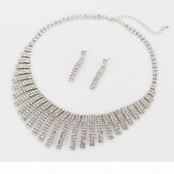 

i sliver plated rhinestone crystal necklace +earrings two pcs jewelry set for bride bridal wedding accessories, Silver