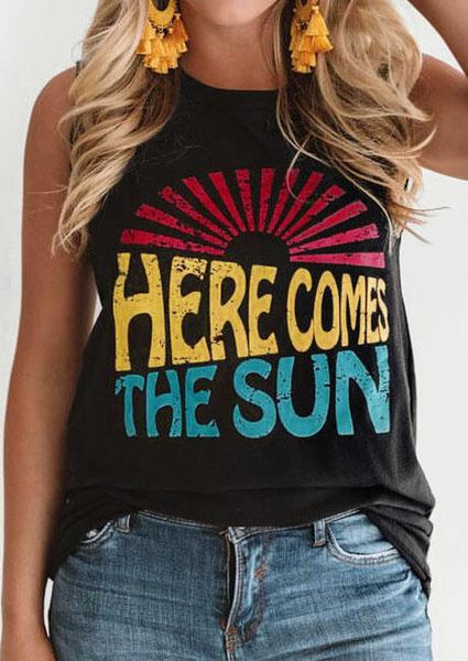 

fashion women tank summer 2020 here comes the sun print tank female women black sleeveless tees lady camis, White