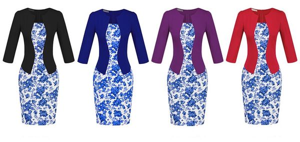 

classic fake two-piece professional women's large size bag hip pencil dress highlights the beautiful curve (giving the belt, Blue