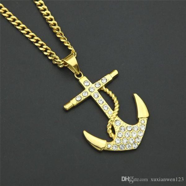 

men stainless steel necklace gold colour plated titanium anchor pendant jewelry 70cm length steel chain rhinestone necklace gift, Silver