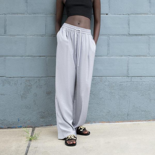 

women's pants & capris elina casual wide leg women fashion loose gray trousers elegant drawstring elastic waist female ladies gt, Black;white