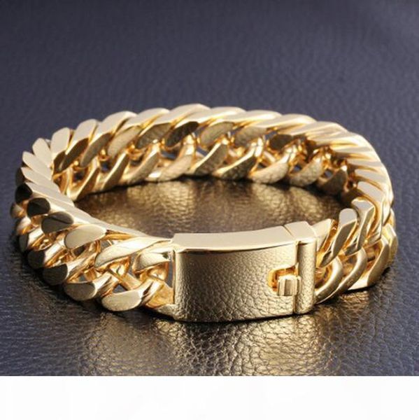 

2017 pirce gifts for mens jewelry selling gold tone stainless steel cool curb link chain bracelet bangle 14mm 8.46, Black