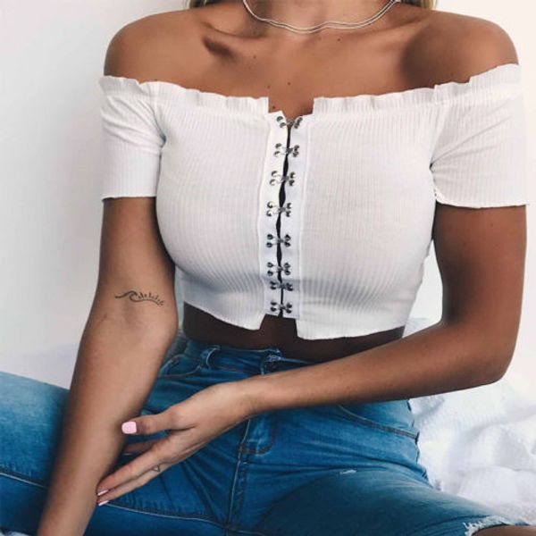 

fashion women blouses one word collar off the shoulder shirt for women white short sleeves cotton crop blouse