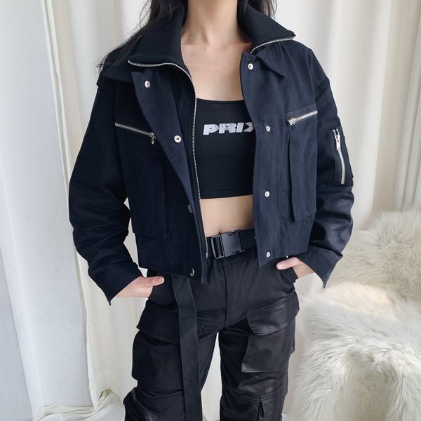 

075-2019 autumn new ins street scoat black and white fake two-piece zipper high waist short work jacket short coat for women, Black;brown