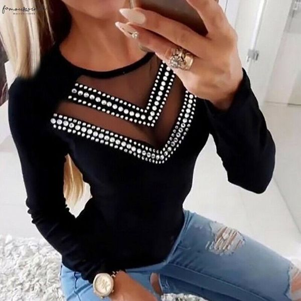 

womens blouses fashion mesh autumn o neck solid color shirts long sleeve diamond mesh casual polera mujer ng, White