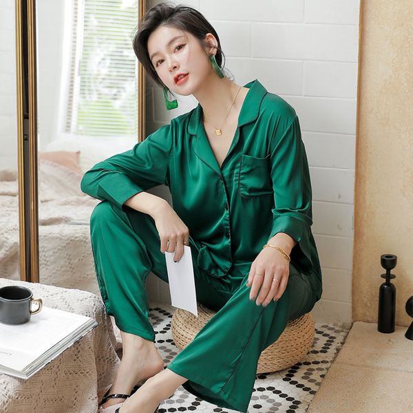 

w30gm new silk clothes clothes home furnishing clothing imitation silk pajamas spring and summer long sleeve solid color satin women's, Blue;red