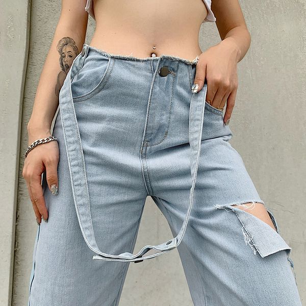 

new women's casual high-waisted straight jeans with button-holes, Blue