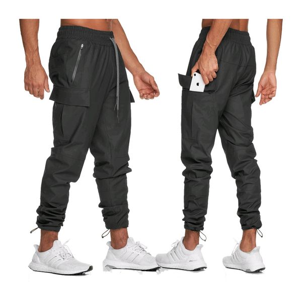 

mens joggers sport pants mens trousers multi-pocket cargo tactical pants polyester quick-drying waterproof men tracksuit sweatpants, Black