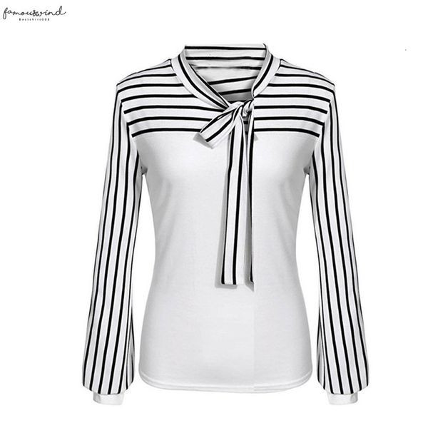 

office lady shirt women tie bow neck striped long sleeve splicing shirt blouse loose single breasted shirts blouses woman 2020, White