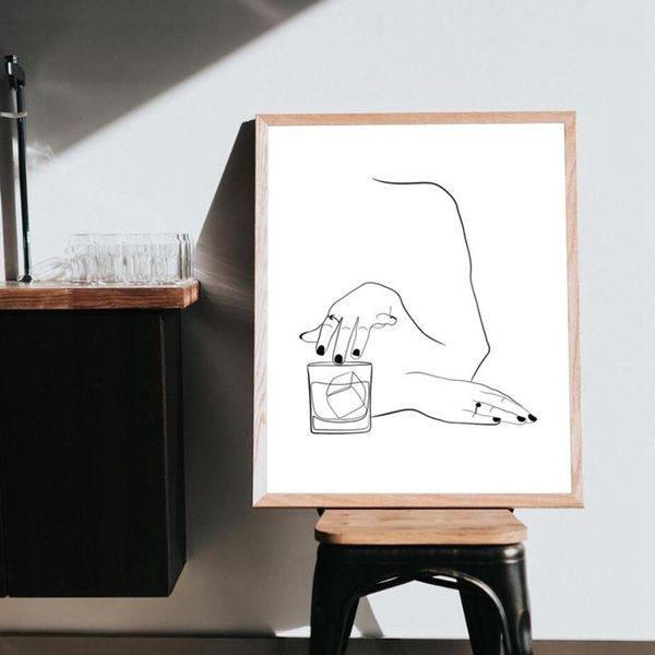 

abstract woman hands line drawing canvas painting cocktail whiskey poster prints black white minimalist wall picture for living room decor