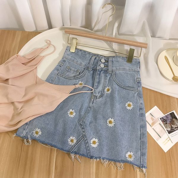 

small daisy denim skirt women's 2020 , drop- nv shi qun summer new student slimming all-match high waist a- line dress hip skirt, Black