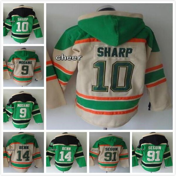 

2018 mens dallas stars 9 mike modano 91 tyler seguin 14 jamie benn 10 martin hanzal hoodied jerseys hockey hoodies jerseys green beige, Black;red