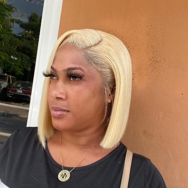 

bob straight lace front wig human hair pre plucked 13x4 blonde lace frontal wig 150 density for black women 8-14inch, Black;brown