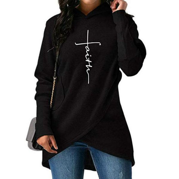 

women fashion hoodies letter printing hooded sweatshirts womens designer long sleeve embroidered shirt irregular faith 2020 sell, Black