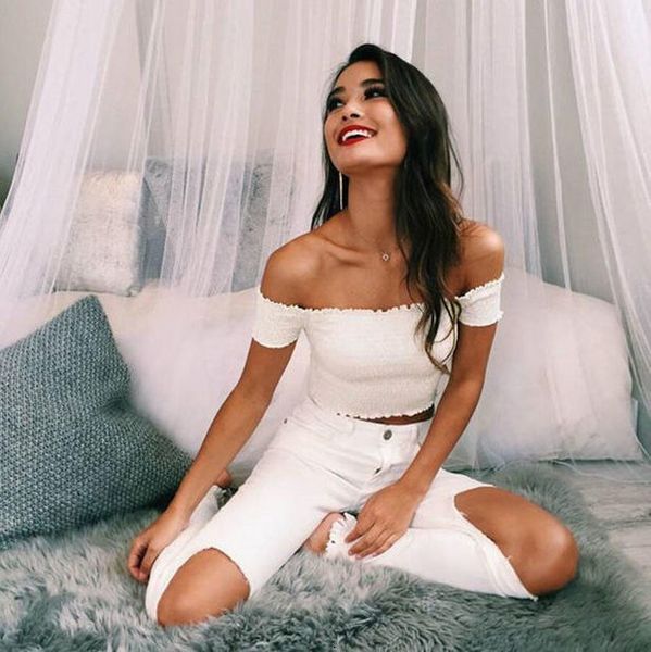 

summer womens casual off shoulder crop sexuality shirt short tank vest blouse sleeveless, White