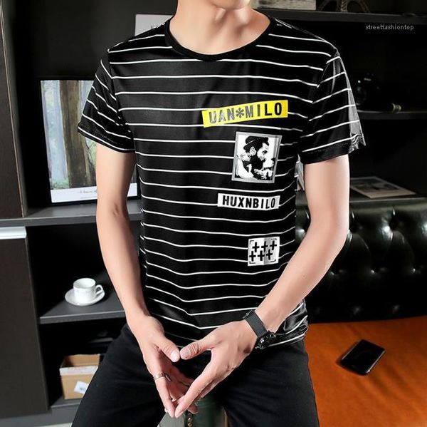 

mens t-shirt summer o-neck slim breathable men tshirts loose comfortable casual active ice silk striped, White;black