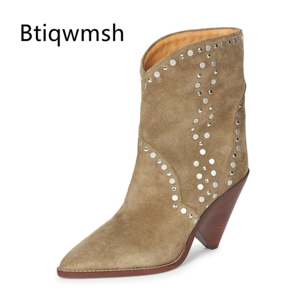 

2020 brown suede ankle boots women pointed toe rivet spike high heel boots woman real leather botas mujer, Black