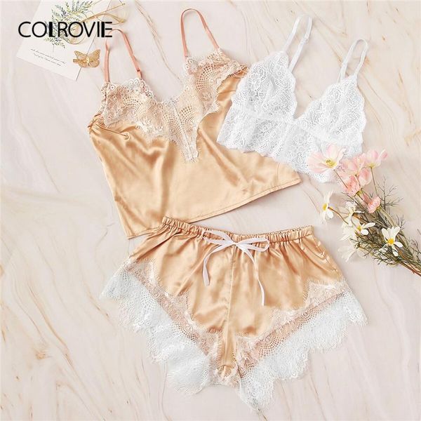

colrovie floral lace satin lingerie set 3pack 2019 summer pajamas for women sets ladies wireless bra and shortie sleepwear t200110, Black;red