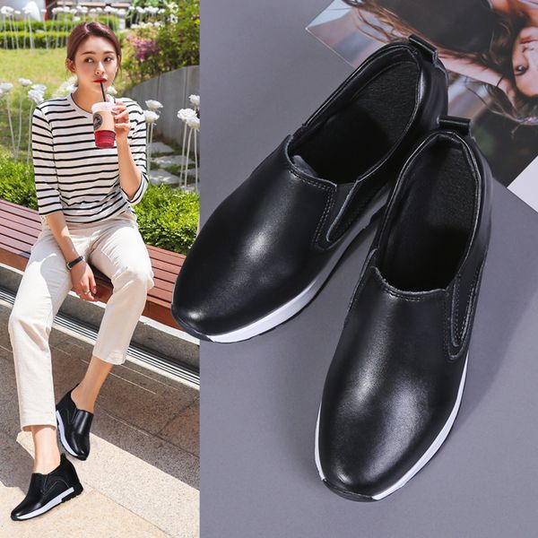 

2020 autumn winter women sneakers leather flat casual shoes women round toe female platform sneakers lazy a pedal lefu shoes, Black