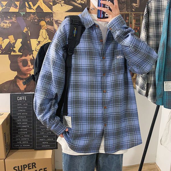 

2020 autumn three-color checked long sleeve shirt men fashion male plaid shirt, White;black