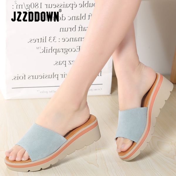 

slippers jzzddown genuine leather suede summer women flat platform sandals shoes beach slip-on round toe slides flip flops, Black