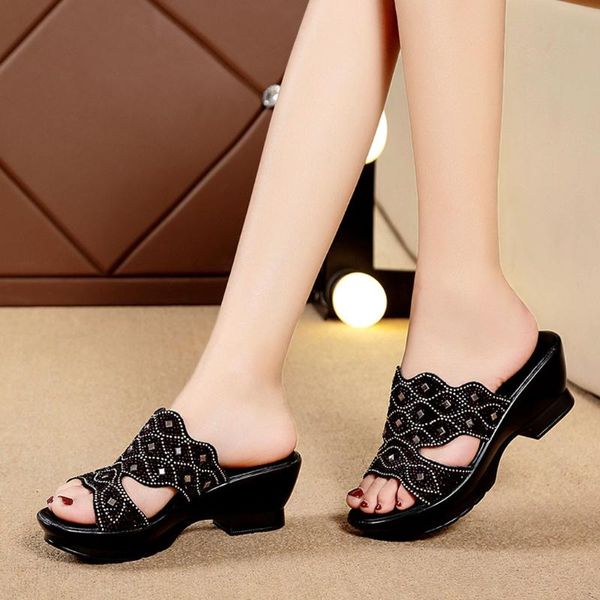 

fashion 2020 summer ladies non-slip mid-heel rhinestone slippers sandals d2#2, Black