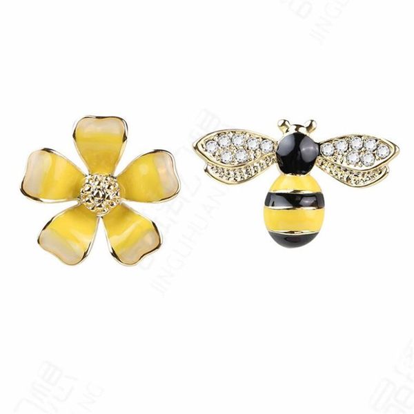 

women fashion 925 earrings asymmetry crystal bees flower stud earrings vintage diamond earrings enamel animal jewelry wedding accessories, Silver