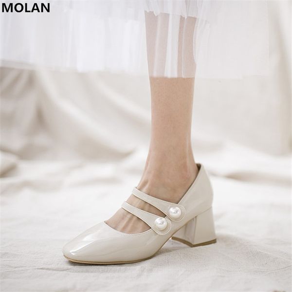 

molan brand design 2020 autumn korean fashion luxury pearl square heels good leather comfy platform mary jane shoes lady pumps, Black