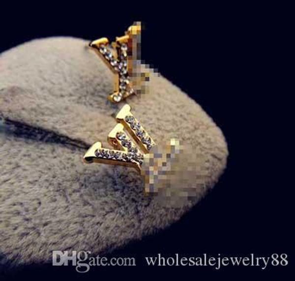 

wholesale brand letters llv earrings shiny crystal rhinestone ear studs gold silver earring women bride wedding earring jewelry 1.3*1.5cm, Gray