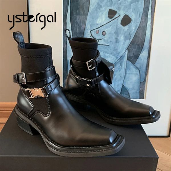 

ystergal punk square toe women ankle boots pocket design stretch sock boots female chunky heel short booties autumn botas mujer, Black