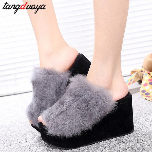 

autumn winter furry slides platform slippers 2020 warm fur shoes wedge fluffy fur slides women high heels home slippers, Black