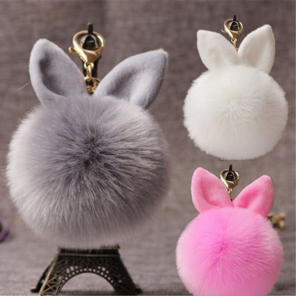 

дизайнер keychains поддельные кролика fur ball key chain porte клеф pompom de fourrure пушистый сумка подвески кролик брелок высокое качеств, Silver
