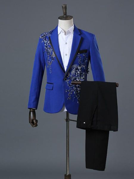 

blue mens applique suit jacket suit collar blazer pants trousers black nightclub stage costume dress 2xl, White;black