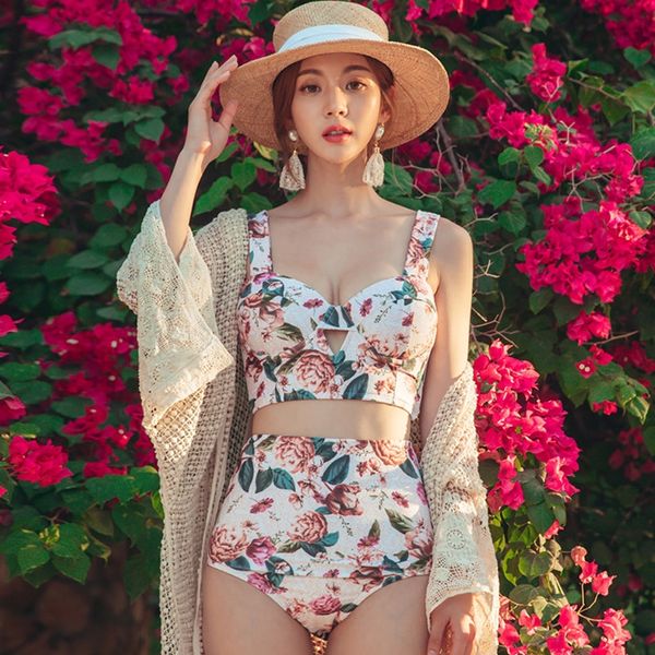 

korean new women's net red bikini swimsuit floral hipster steel holder gathering slim bikini skirt two-piece swimsuit, Black
