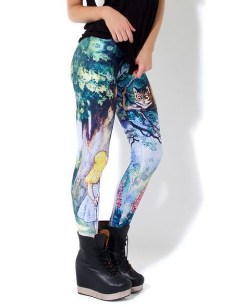 

alice cheshire cat print leggings women high waist fitness leggings elastic leggings slim causal leggins, Black