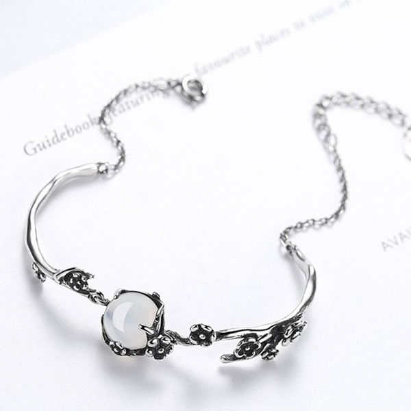 

vintage antique silver color natural stone cat eye moon plum blossom bangle charm bracelets for women charms jewelry, Red;blue