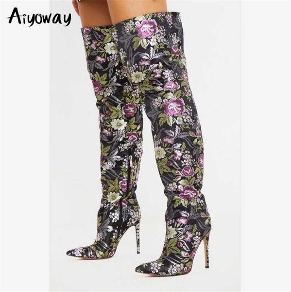 

aiyoway new arrival embroidered thigh high heel boots lady party pointed toe high heels over the knee boots big size 35-43, Black