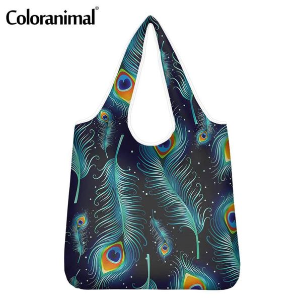 

coloranimal pretty peacock bird feathers print shopper bags for ladies functional storage eco-friendly bags women grocery