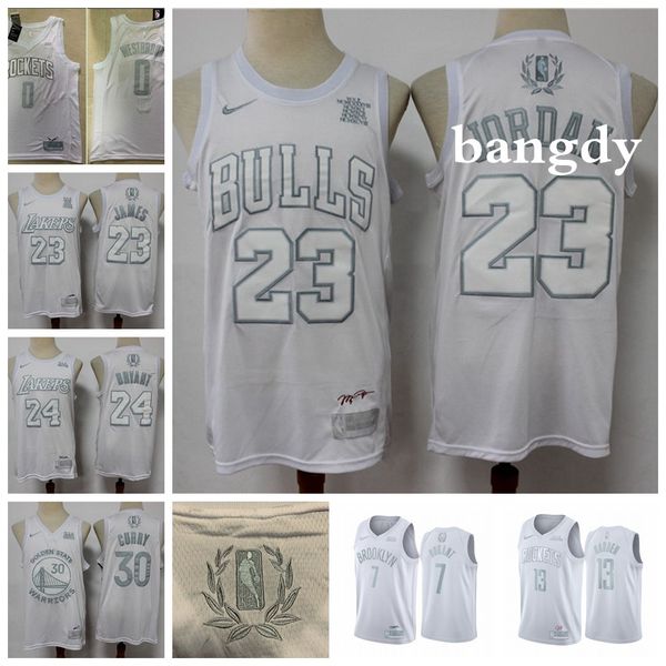 

white mvp nets lakers bulls warriors rockets 23 michael jodan lebron 23 james 30 curry james 13 harden basketball jersey, Black;red