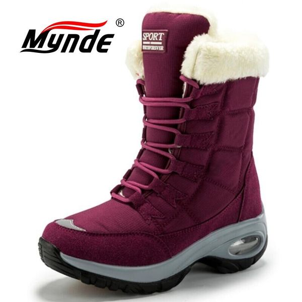 

new winter women boots warm plush mid-calf women's snow boots lace-up outdoor waterproof hiking chaussures femme size 42, Black